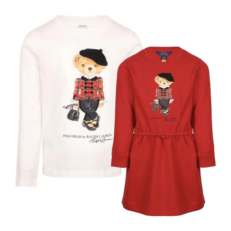 商品Ralph Lauren|Polo bear fleece red dress with side pockets and cream long sleeved t shirt set,价格¥1869,第1张图片