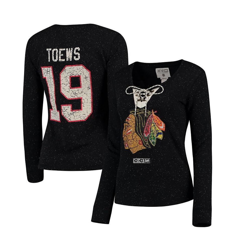 商品Reebok|Women's Jonathan Toews Black Chicago Blackhawks Henley Lace Up Name and Number Long Sleeve T-shirt,价格¥431,第1张图片