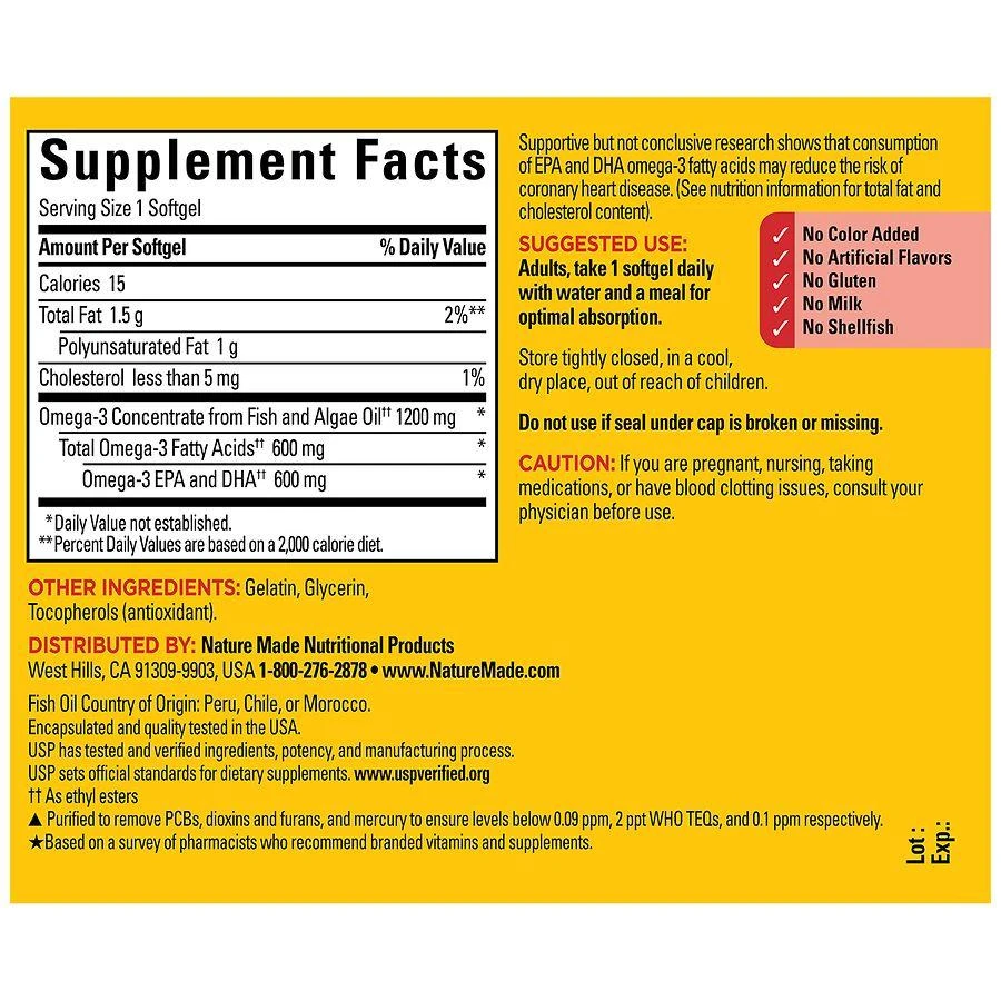 商品Nature Made|Omega-3 Fish Oil & Algae Oil 1200 mg Softgels,价格¥147,第4张图片详细描述