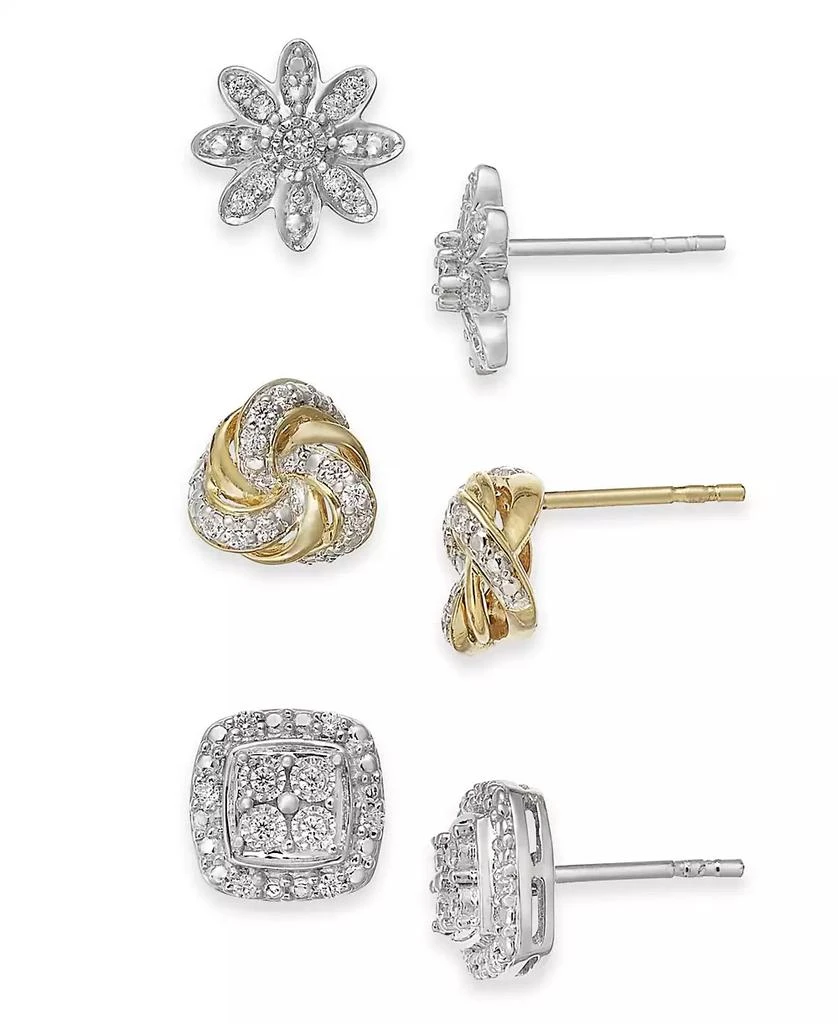 商品Macy's|3-Pc. Diamond Stud Earrings Set (1/4 ct. t.w.) in Sterling Silver & 14k Gold-Plate,价格¥752,第5张图片详细描述