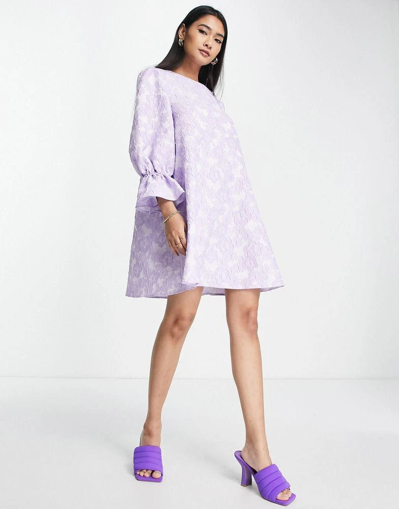 商品ASOS|ASOS DESIGN swing mini dress with frill cuff in purple floral jacquard,价格¥195,第1张图片