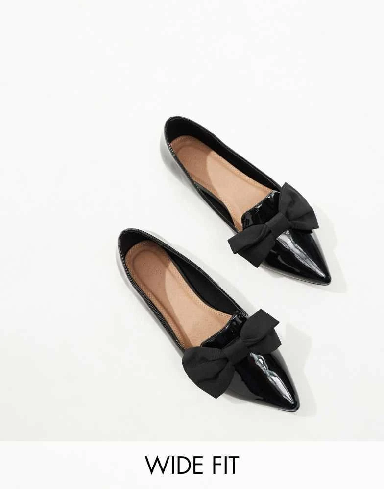 商品ASOS|ASOS DESIGN Wide Fit Lake bow pointed ballet flats in black,价格¥207,第1张图片