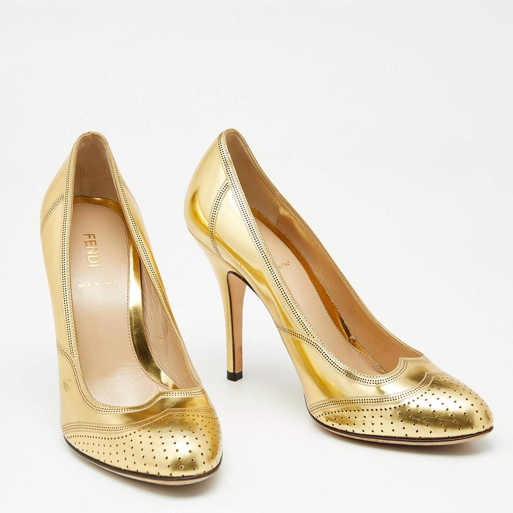 Fendi Metallic Gold Perforated Leather Round Toe Pumps Size 37商品第4张图片规格展示