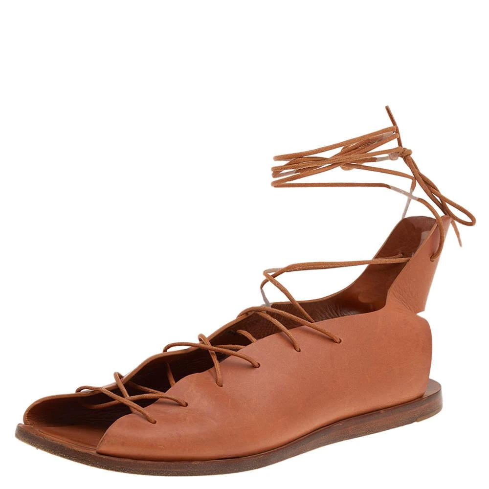 商品[二手商品] Celine|Celine Brown Leather Ankle Strap Flat Sandals Size 39.5,价格¥779,第1张图片