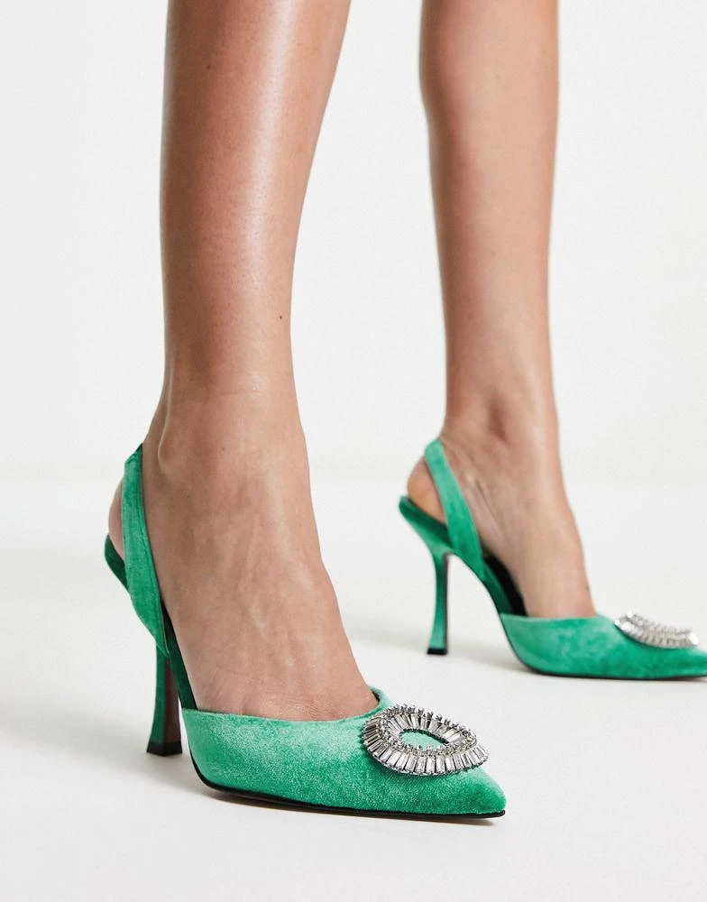 商品ASOS|ASOS DESIGN Patron embellished slingback high heeled shoes in green,价格¥142,第4张图片详细描述