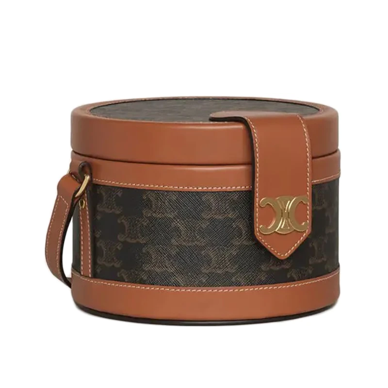 CELINE/赛琳   TAMBOUR系列 女士中号凯旋门帆布棕色小牛皮桶包单肩包 商品
