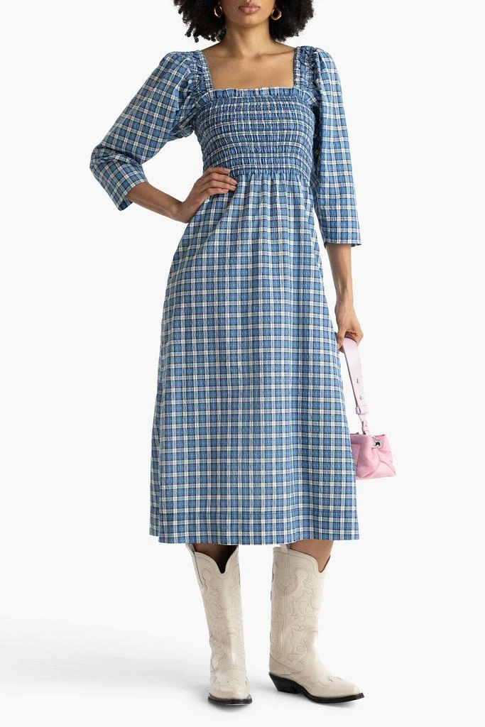 商品Ganni|Shirred checked cotton-blend seersucker midi dress,价格¥745,第2张图片详细描述