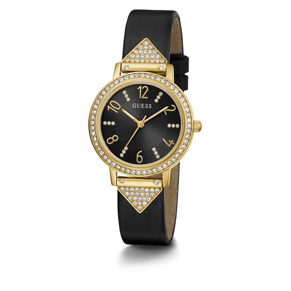 Women's Quartz Gold-Tone Glitz Black Leather Strap Watch 32mm商品第5张图片规格展示