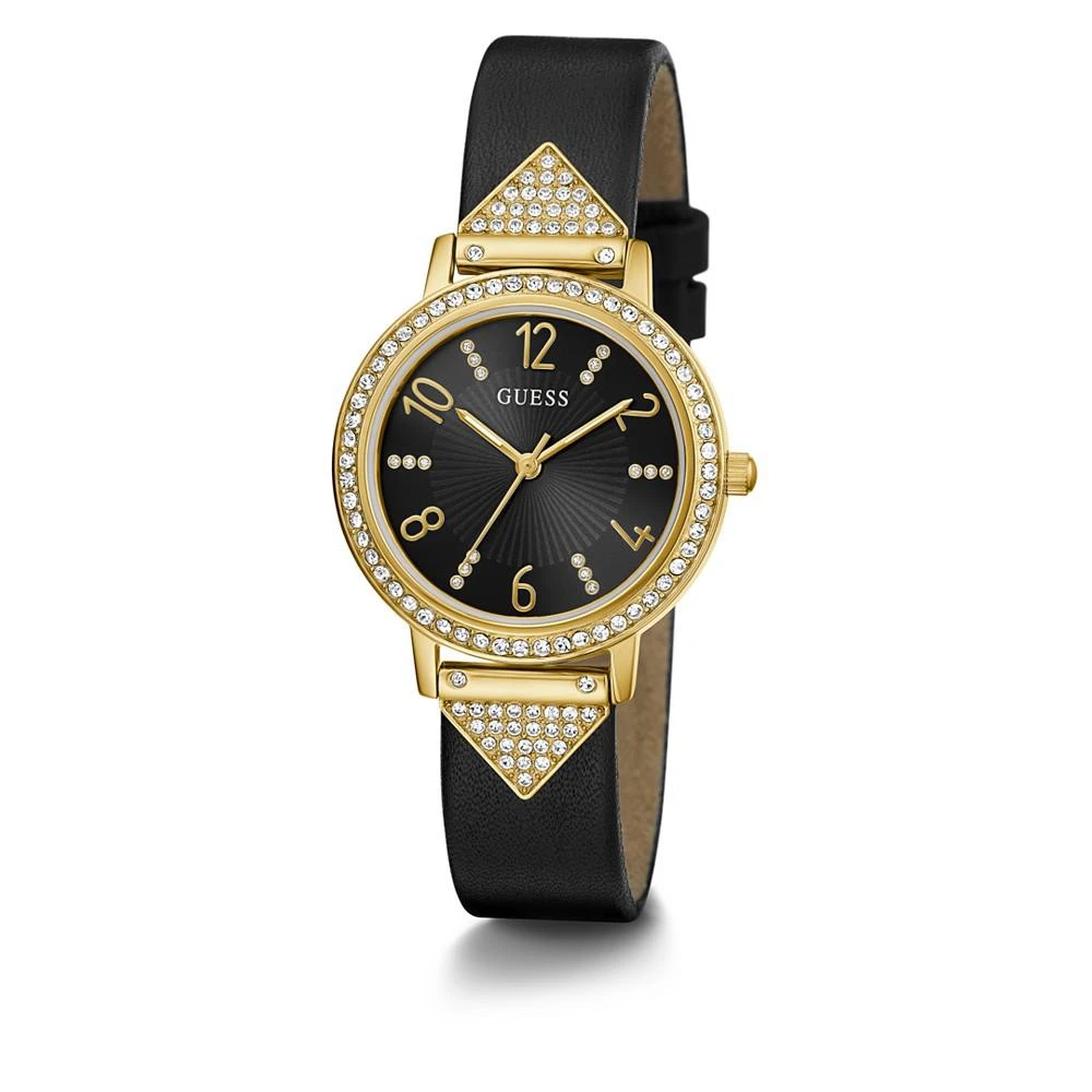 商品GUESS|Women's Quartz Gold-Tone Glitz Black Leather Strap Watch 32mm,价格¥731,第5张图片详细描述