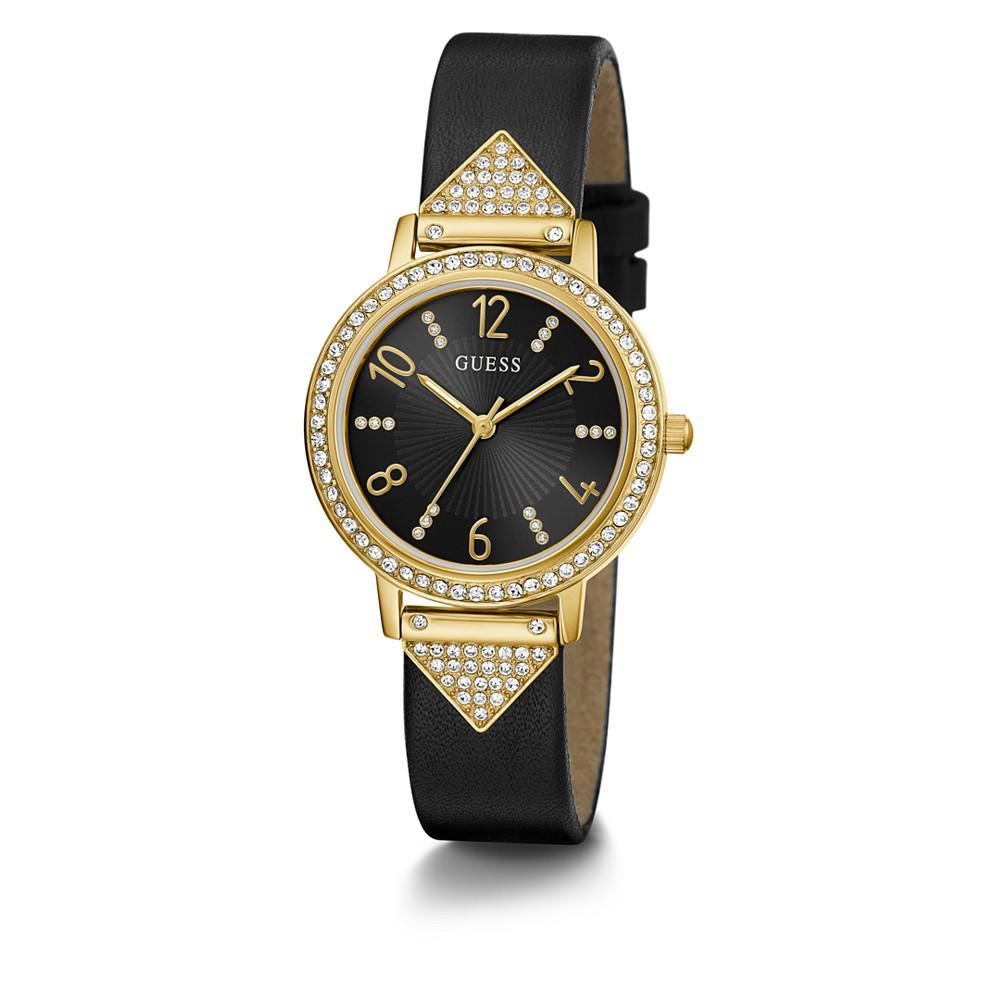 商品GUESS|Women's Quartz Gold-Tone Glitz Black Leather Strap Watch 32mm,价格¥973,第7张图片详细描述