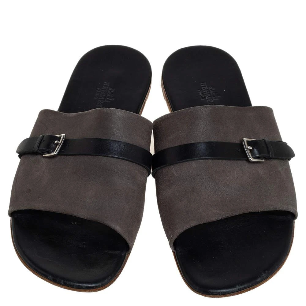 商品[二手商品] Hermes|Hermes Grey/Black Suede And Leather Slide Sandals Size 41,价格¥1293,第3张图片详细描述