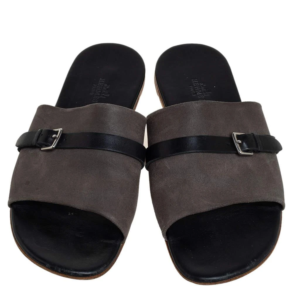 商品[二手商品] Hermes|Hermes Grey/Black Suede And Leather Slide Sandals Size 41 ,价格¥1257,第3张图片详细描述