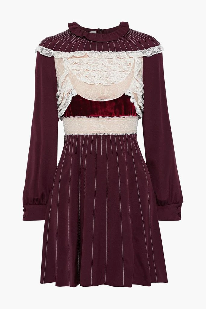 商品Valentino|Velvet-trimmed Chantilly lace-paneled silk-jersey mini dress,价格¥12646,第3张图片详细描述