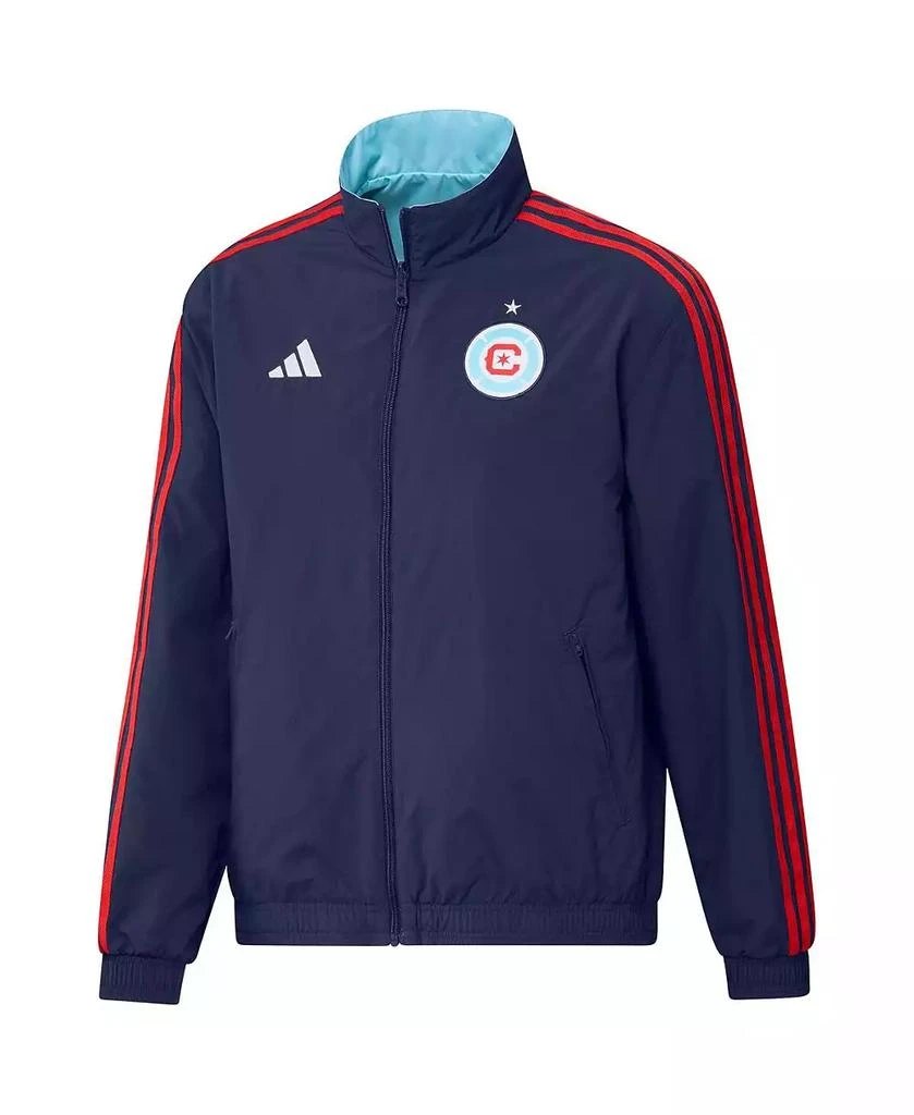 商品Adidas|Men's Navy and Light Blue Chicago Fire 2023 On-Field Anthem Full-Zip Reversible Team Jacket,价格¥831,第2张图片详细描述