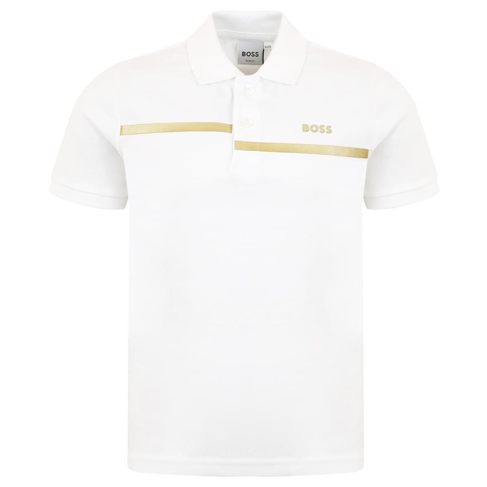 White Short Sleeve Gold Logo Polo Shirt商品第1张图片规格展示
