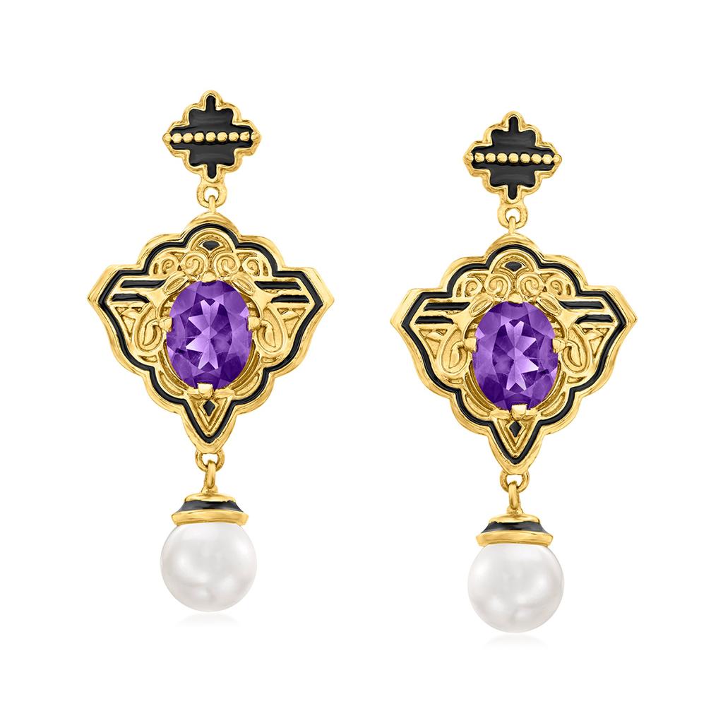 Ross-Simons 8mm Cultured Pearl and Amethyst Drop Earrings With Black Enamel in 18kt Gold Over Sterling商品第1张图片规格展示