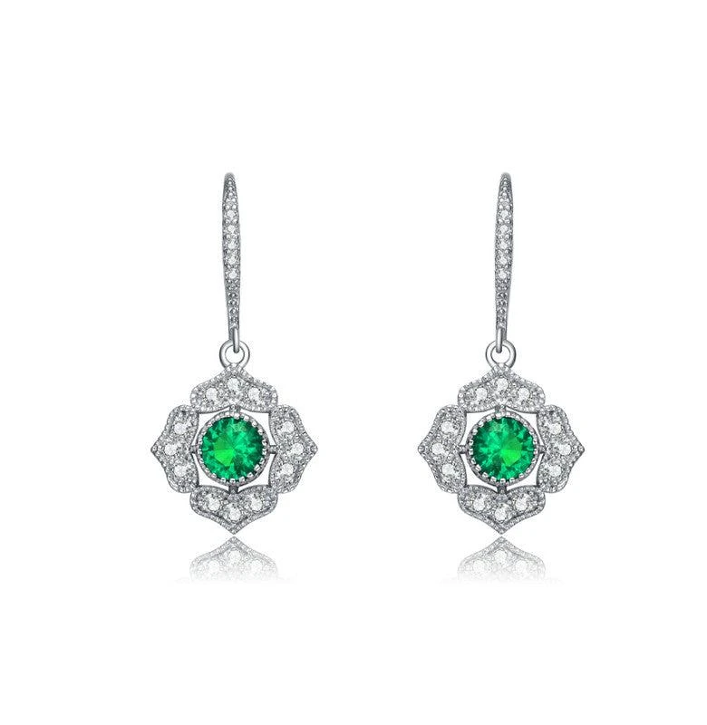 商品Genevive|GENEVIVE Sterling Silver Emerald Cubic Zirconia Petal Flower Drop Earrings,价格¥415,第2张图片详细描述