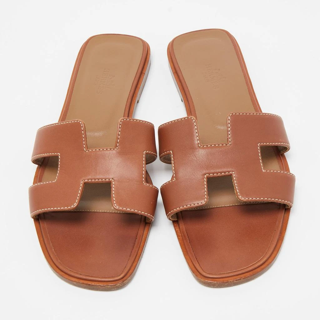 商品[二手商品] Hermes|Hermes Brown Leather Oran Flat Slides Size 37,价格¥3355,第3张图片详细描述