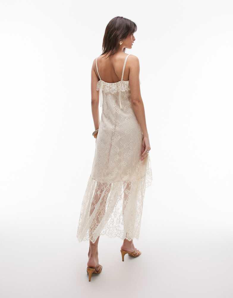 & Other Stories lace midaxi slip dress with sheer asymmetric tiered ruffle detail in vintage cream-White