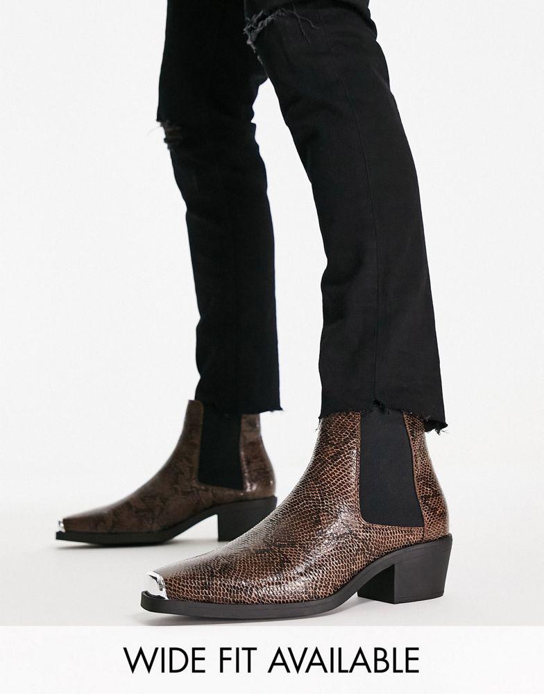 ASOS DESIGN cuban boot in faux snake print with toecap in brown商品第1张图片规格展示