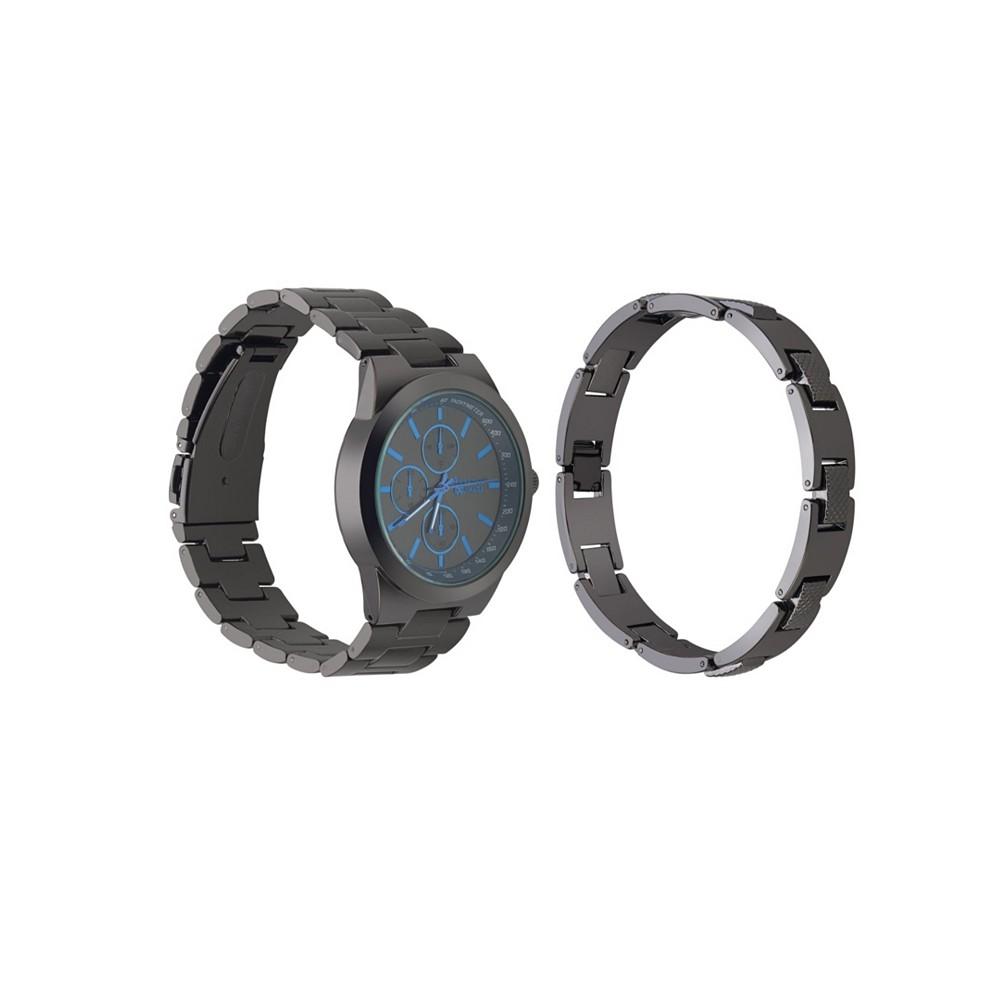Men's Quartz Movement Shiny Gunmetal Bracelet Analog Watch, 43mm with Pendant Necklace and Bracelet Set商品第2张图片规格展示