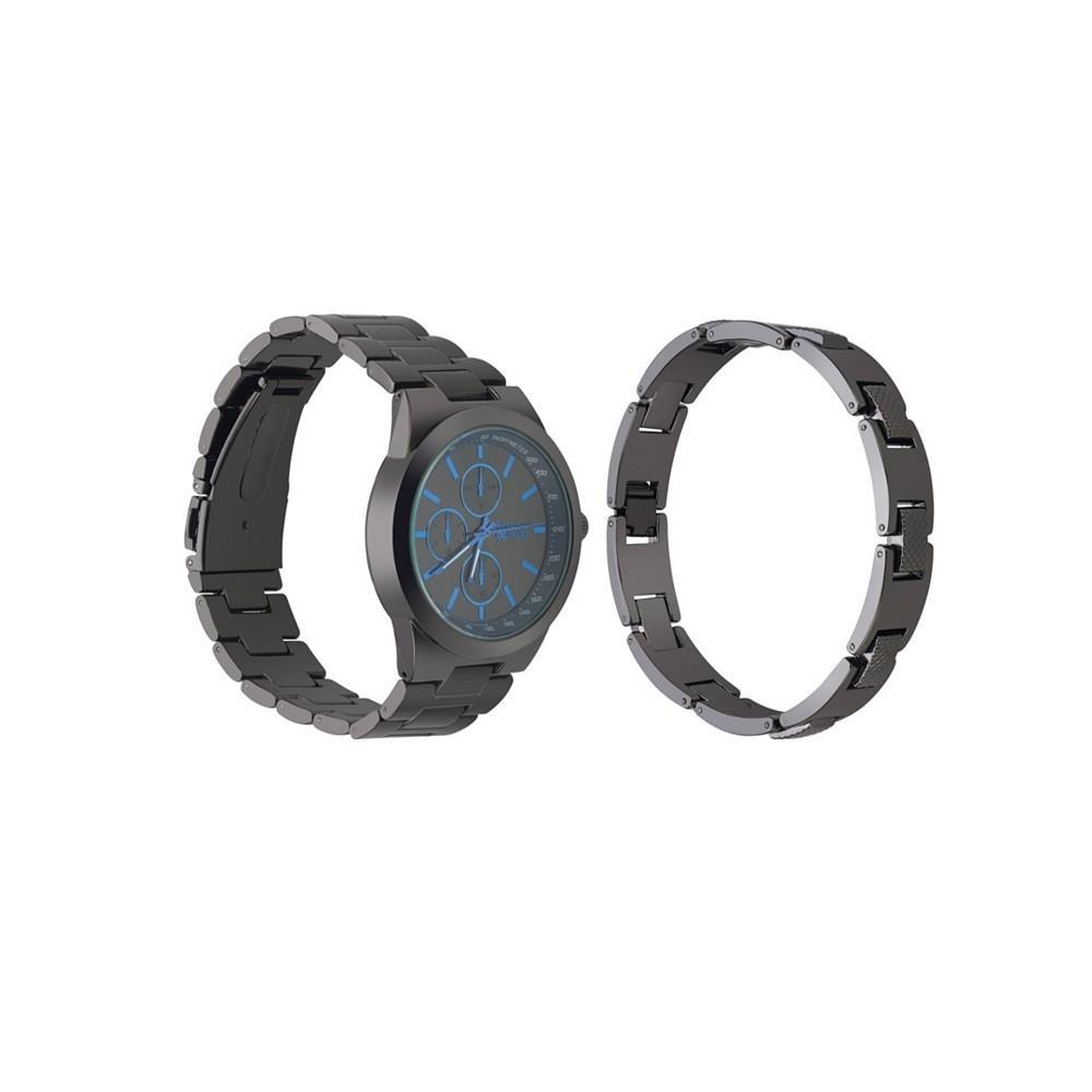 商品American Exchange|Men's Quartz Movement Shiny Gunmetal Bracelet Analog Watch, 43mm with Pendant Necklace and Bracelet Set,价格¥295,第4张图片详细描述