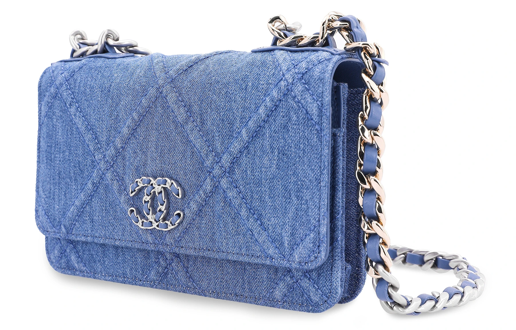 商品[国内直发] Chanel|香奈儿 19BagWOC 经典银扣菱格纹 丹宁牛仔 链条包单肩斜挎包钱包 女款 浅蓝色,价格¥27840,第4张图片详细描述