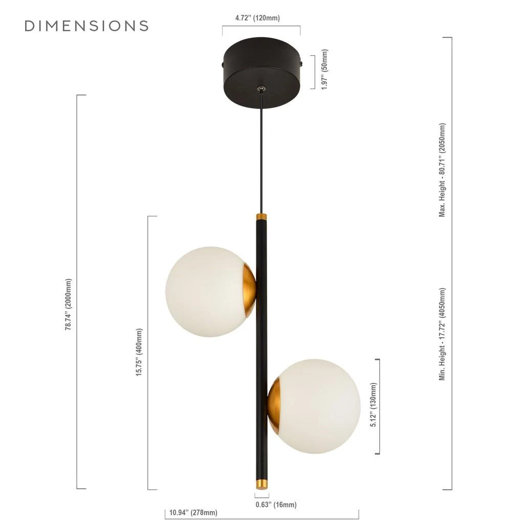 商品VONN Lighting|Capri VCP2202BL 11" 2-Light Integrated LED Height Adjustable Black Pendant Lighting with Glass Shades,价格¥1660,第5张图片详细描述