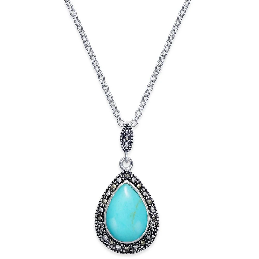 商品Macy's|Manufactured Turquoise & Marcasite Teardrop Pendant Necklace in Silver-Plate,价格¥371,第1张图片