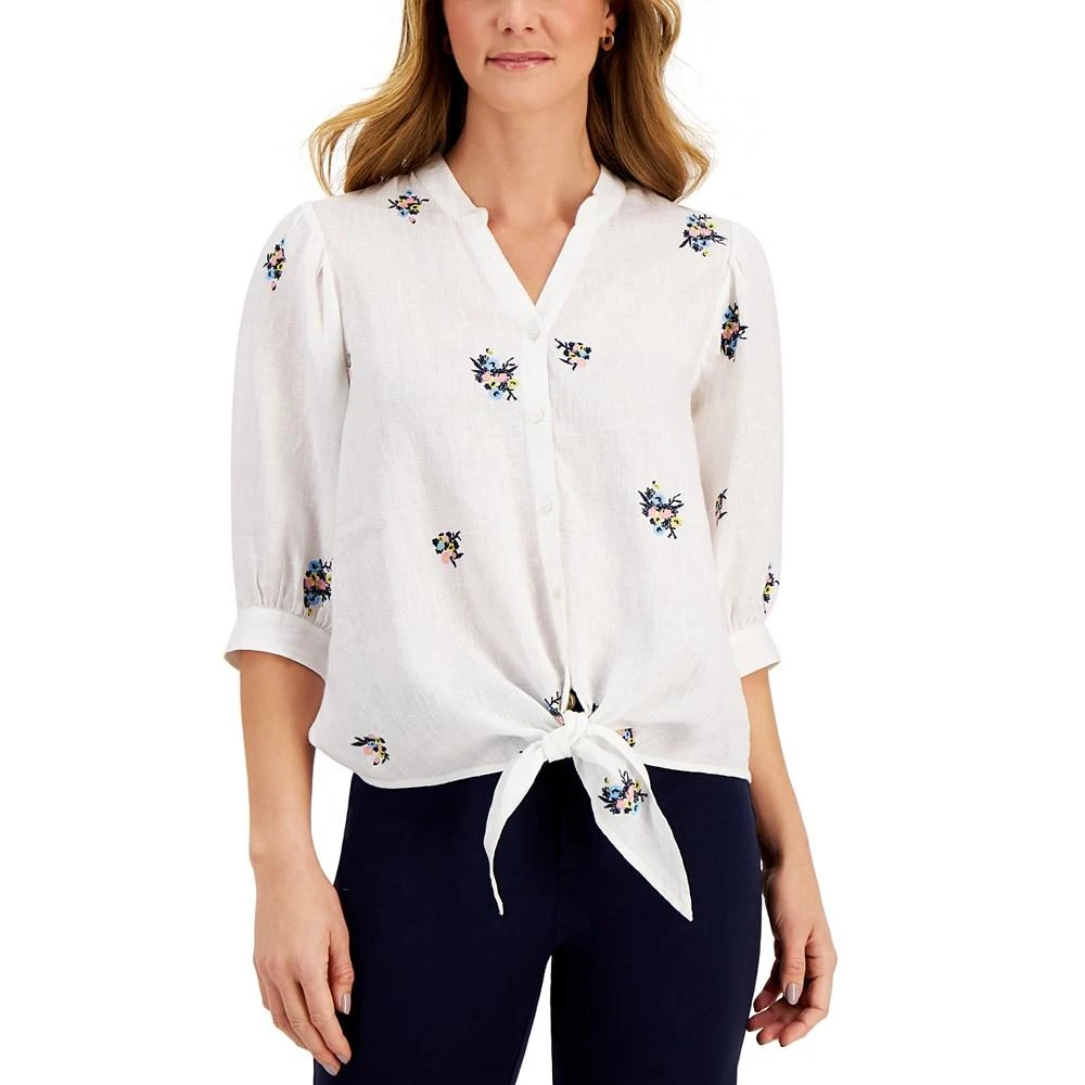 商品Charter Club|Linen Embroidered 3/4-Sleeve Blouse, Created for Macy's,价格¥151,第1张图片