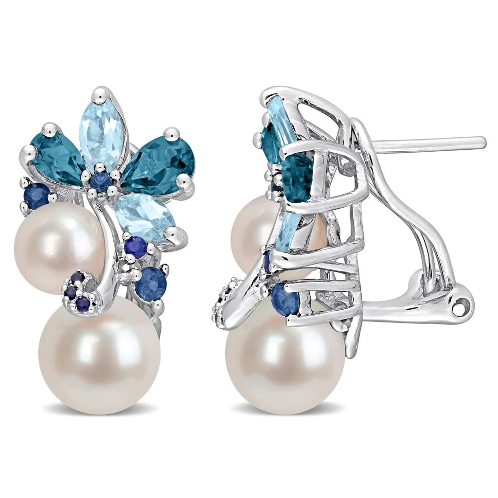 商品Mimi & Max|2 7/8ct TGW London and Sky Blue Topaz, Sapphire and White Cultured Freshwater Pearl Cluster Earrings in Sterling Silver,价格¥1287,第1张图片