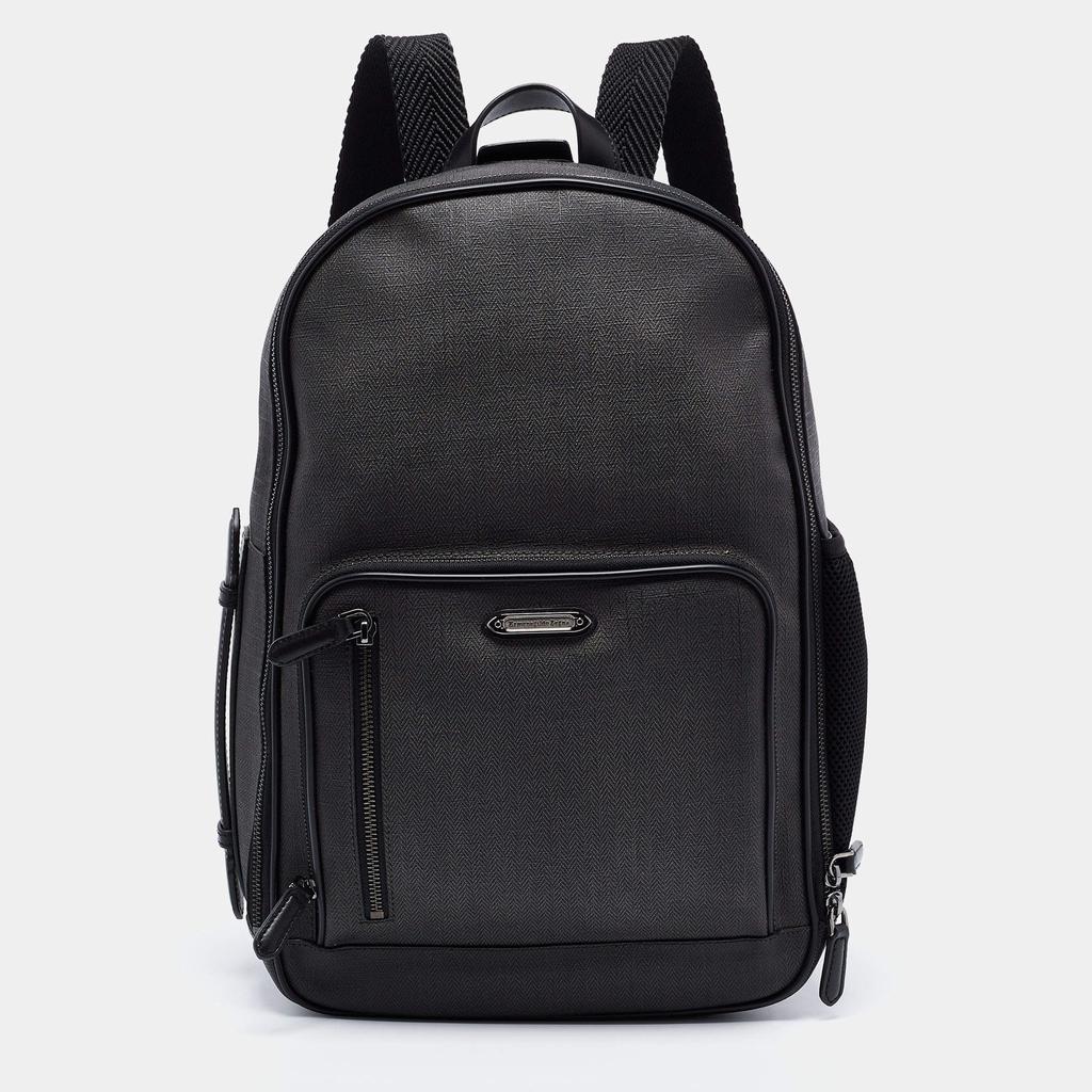 Ermenegildo Zegna Black/Grey Coated Canvas and Leather Backpack商品第1张图片规格展示