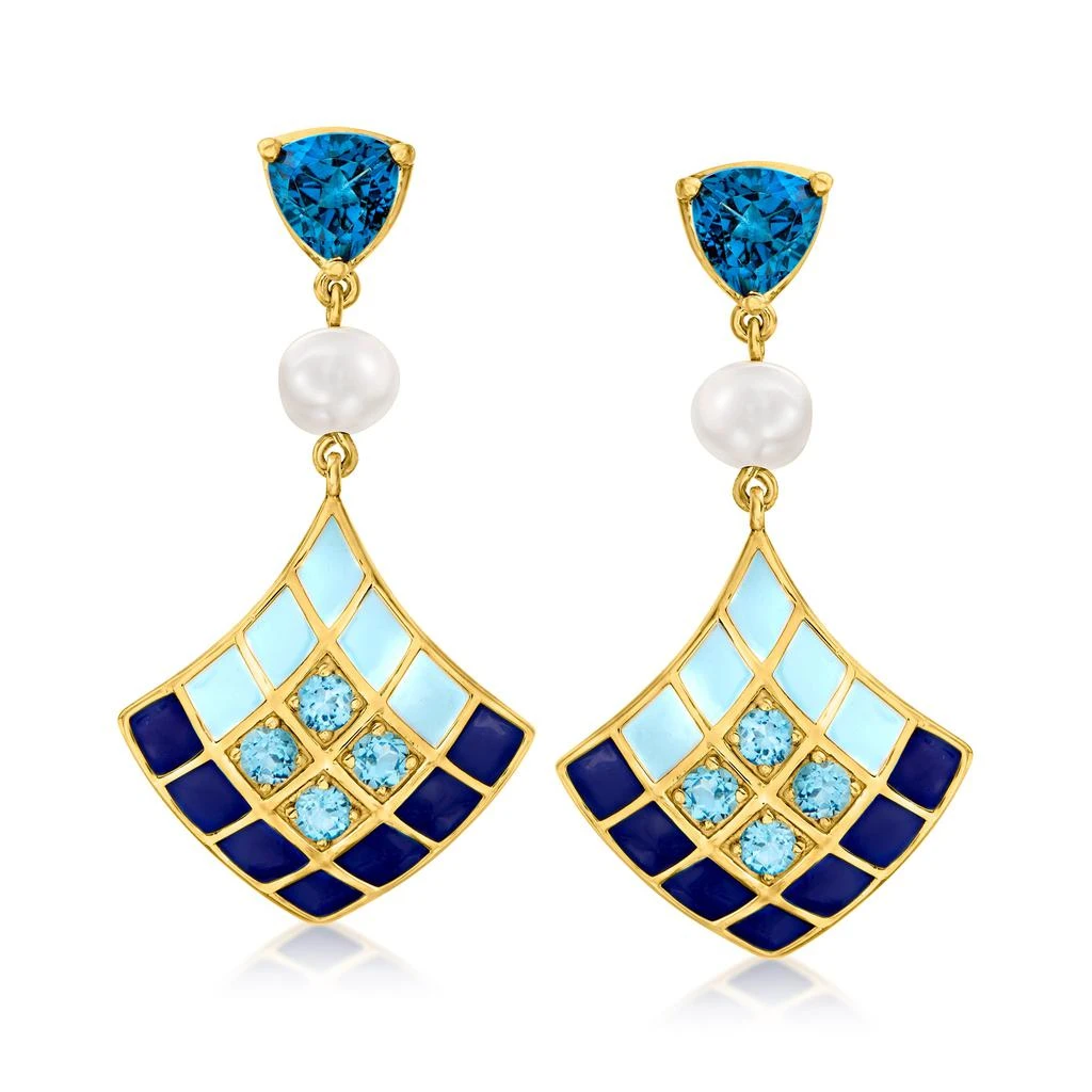 商品Ross-Simons|Ross-Simons 5.5-6mm Cultured Pearl and London and Sky Blue Topaz Drop Earrings in 18kt Gold Over Sterling With Tonal Blue Enamel,价格¥1254,第1张图片