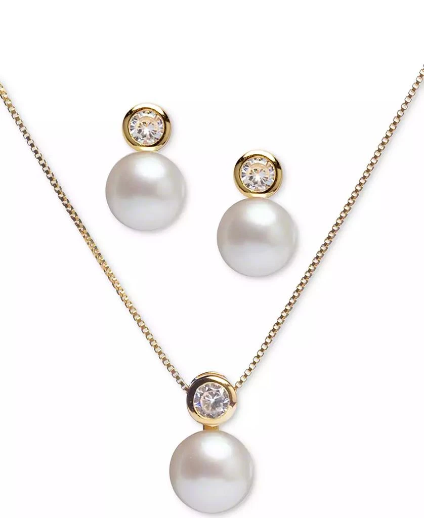 商品Macy's|2-Pc. Set Cultured Freshwater Pearl (8mm) & Cubic Zirconia 18" Pendant Necklace and Stud Earrings Set in 18k Gold-Plated Sterling Silver,价格¥583,第1张图片