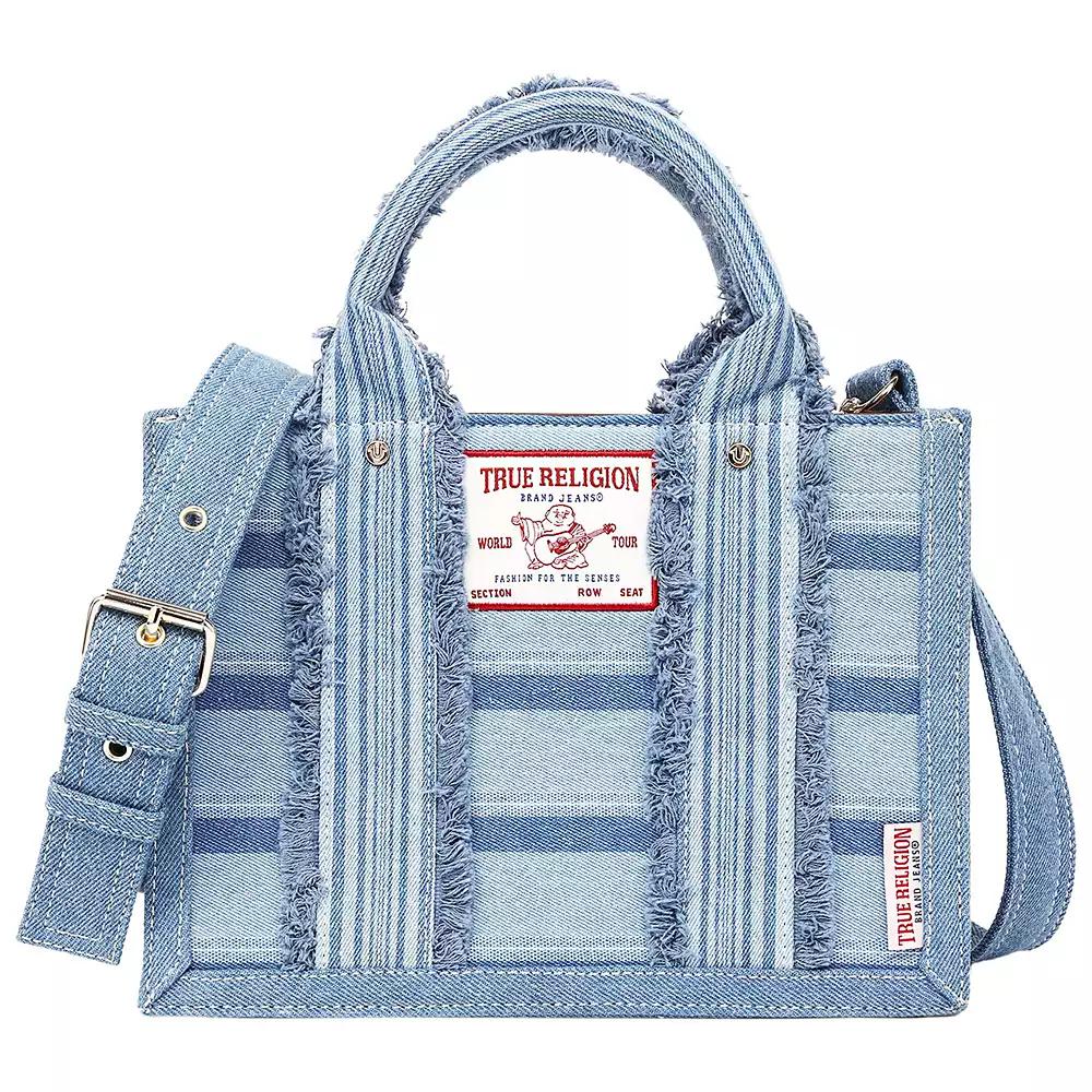 Borsa tote moderna in denim a righe multicolore con tracolla removibile. image 2