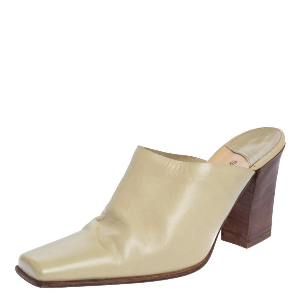 商品[二手商品] Sergio Rossi|Sergio Rossi Cream Leather Block Heel Square Toe Mules Size 39,价格¥1324,第1张图片