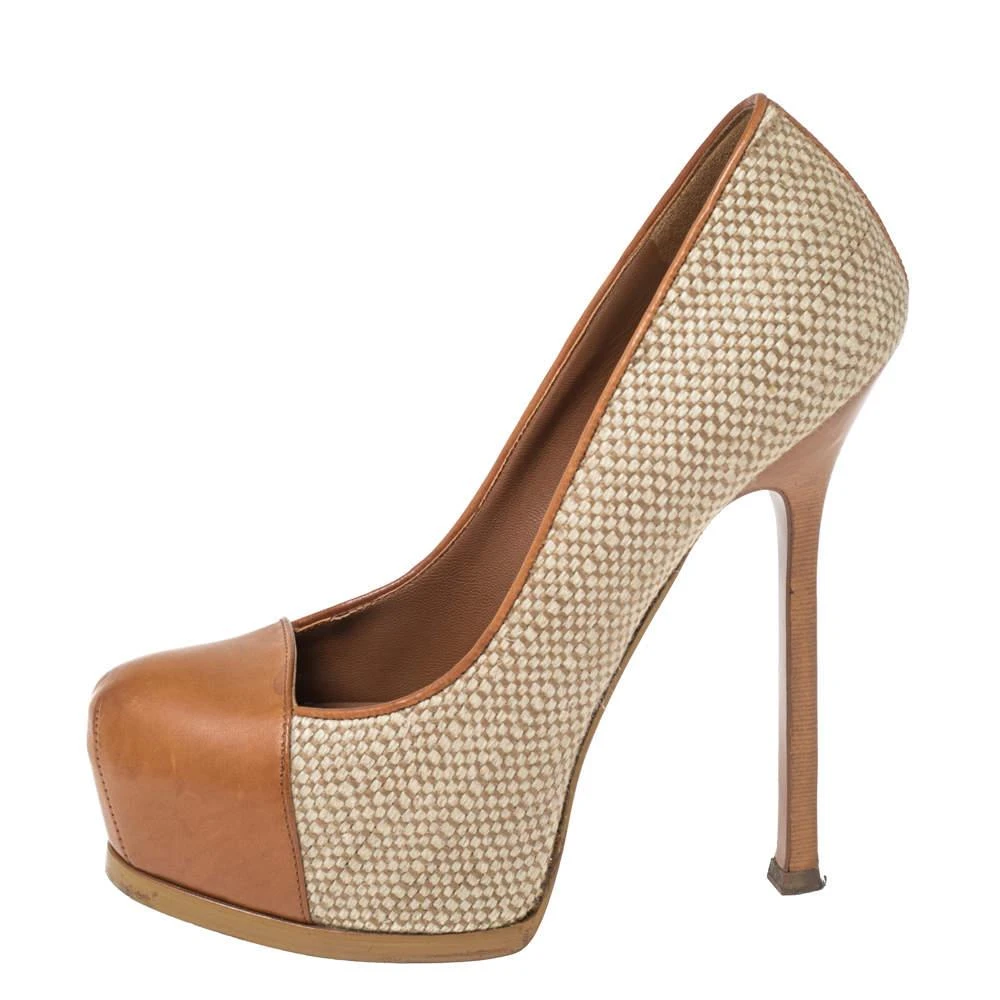 商品[二手商品] Yves Saint Laurent|Saint Laurent Brown/Grey Canvas And Leather Platform Tribtoo  Pumps Size 37,价格¥1253,第2张图片详细描述