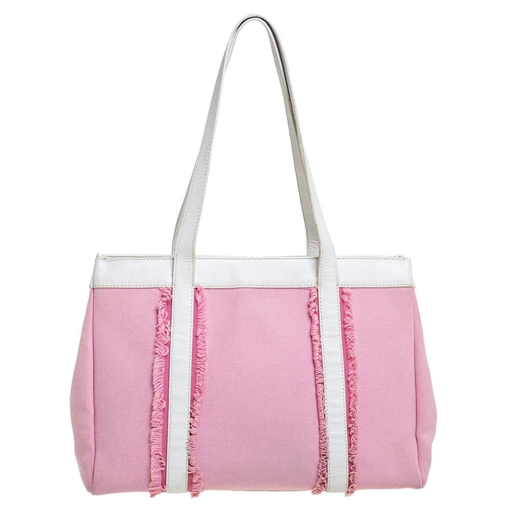 商品[二手商品] Kate Spade|Kate Spade Pink/White Canvas and Leather Metal Plate Tote,价格¥813,第4张图片详细描述