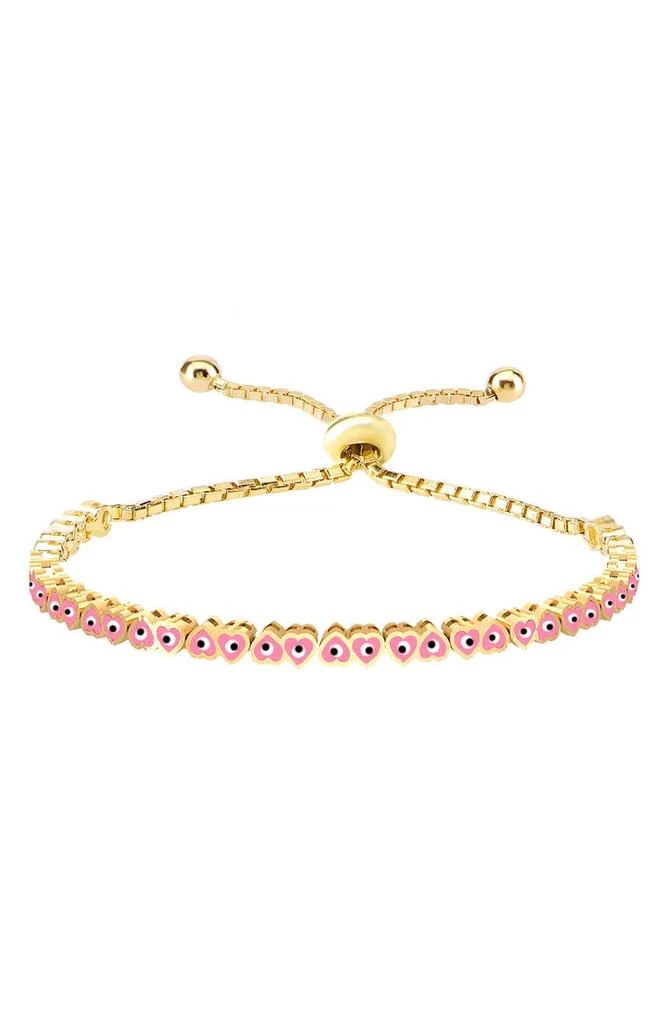 商品Gabi Rielle|14K Gold Plated Sterling Silver Pink Enamel Heart Evil Eye Slider Bracelet,价格¥571,第1张图片