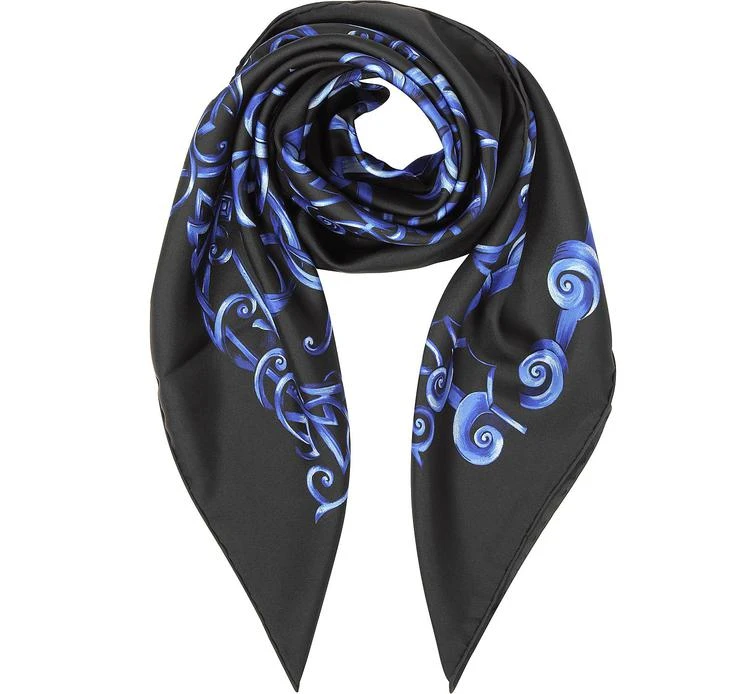 商品Versace|Versace 范思哲 黑色和蓝色Heritage Barocco印花丝绸方巾,价格¥1811,第1张图片