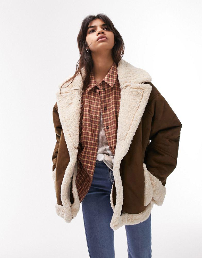 Topshop shearling car coat in chocolate商品第2张图片规格展示