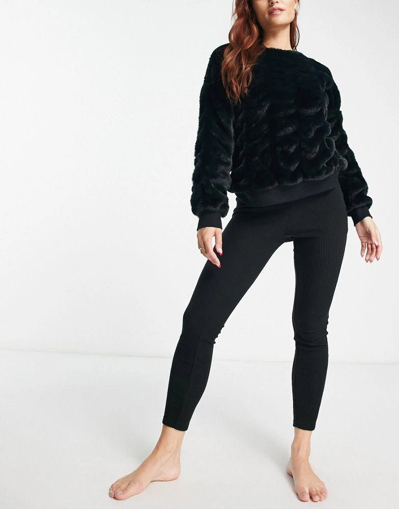 商品ASOS|ASOS DESIGN lounge yeti faux fur sweat & brushed rib legging set in black,价格¥207,第1张图片