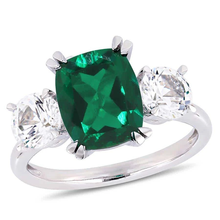 商品Amour|4 CT TGW Cushion-Cut Created Emerald and Created White Sapphire Three-Stone Ring in 10k White Gold JMS005046,价格¥2625,第1张图片