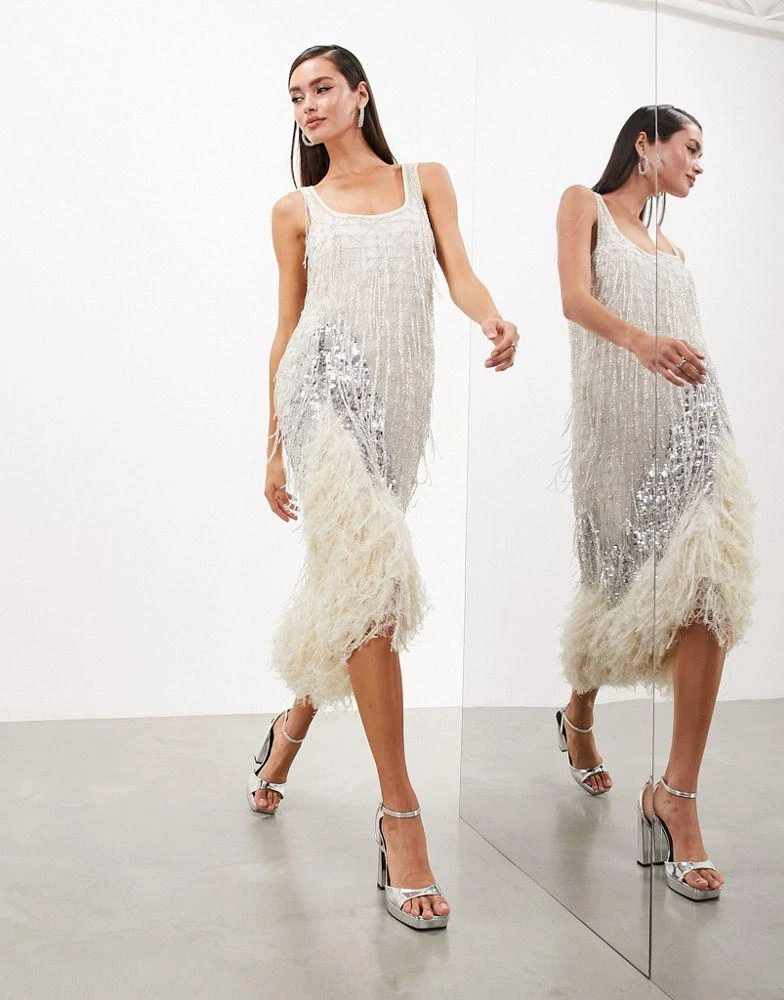 商品ASOS|ASOS EDITION scoop neck embellished tassel midi dress with faux feather hem in silver,价格¥1820,第1张图片