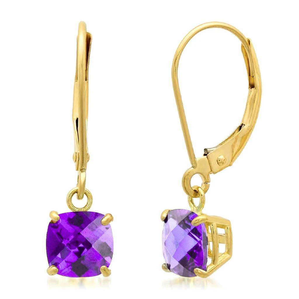 Solid 10K Yellow Gold Cushion Cut Dangle Gemstone Leverback Earrings 商品