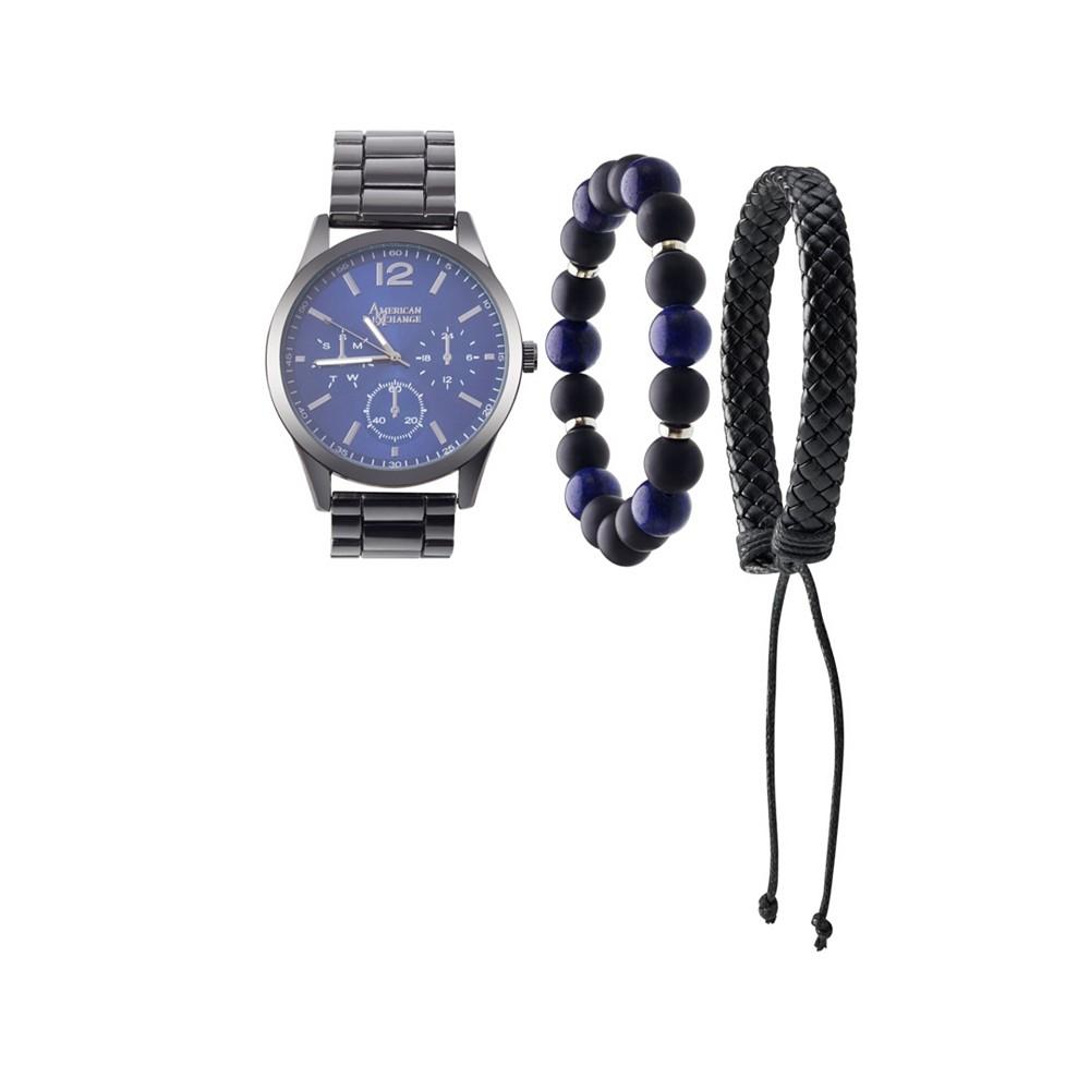 Men's Quartz Movement Shiny Gunmetal Bracelet Analog Watch, 45mm with Stackable Bracelet Set and Zippered Travel Pouch商品第1张图片规格展示