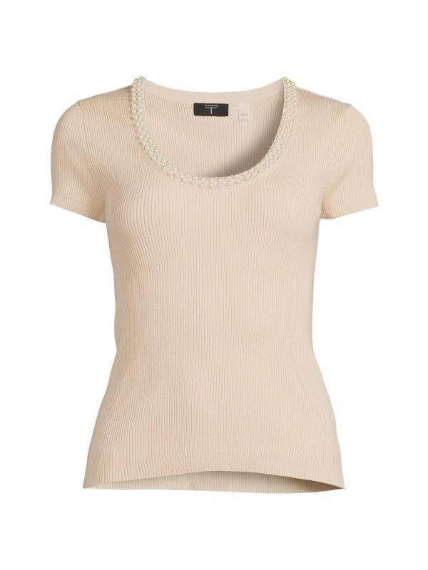 商品Tahari|Faux Pearl Embellished Ribbed Top,价格¥150,第3张图片详细描述