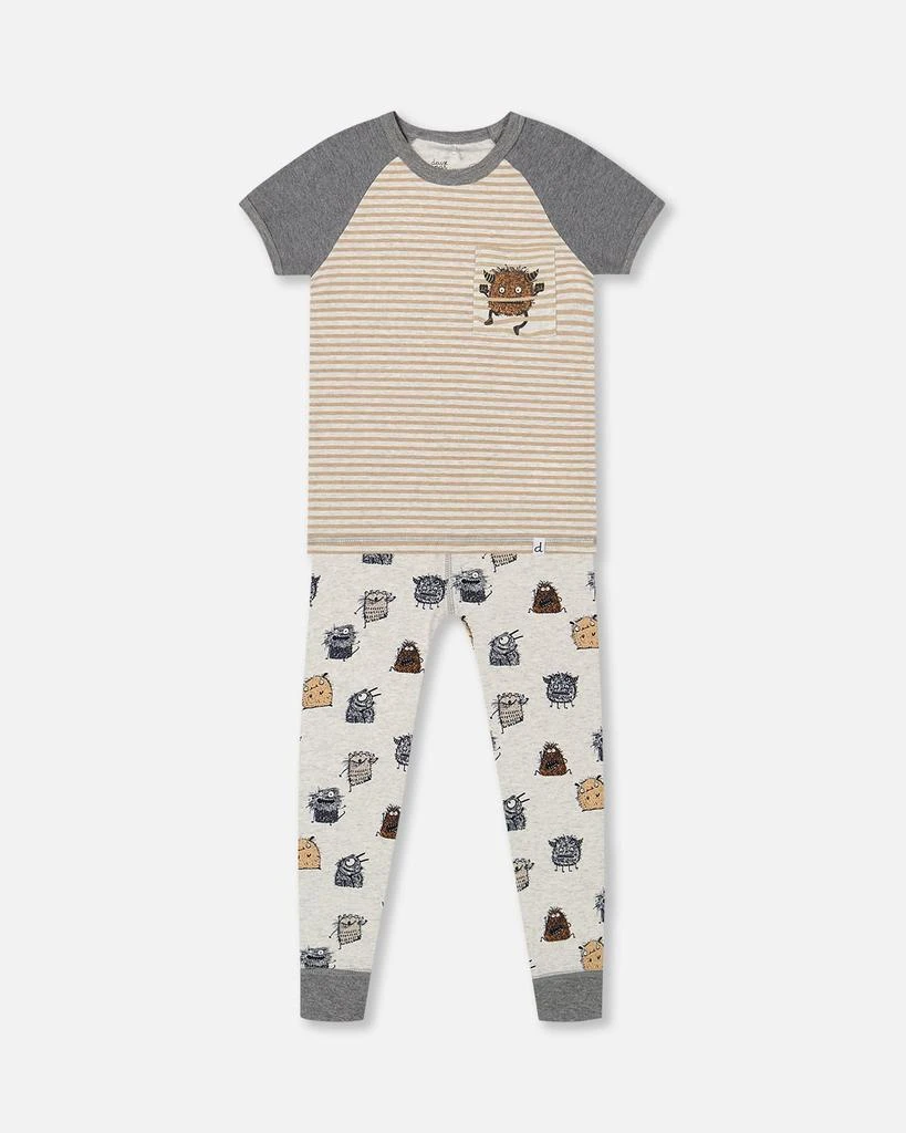 商品Deux par Deux|Organic Cotton Two Piece Pajama Set Heather Beige Printed Monsters,价格¥358,第1张图片