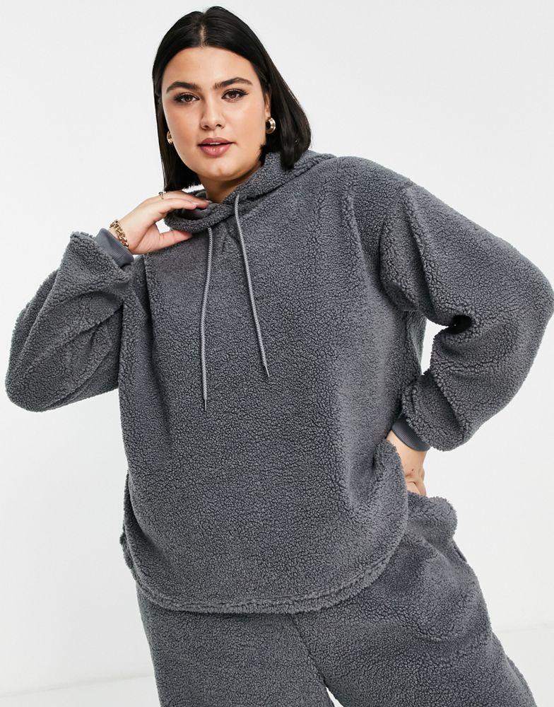 商品ASOS|ASOS DESIGN Curve lounge borg hoodie & straight leg trouser set in grey,价格¥257,第5张图片详细描述
