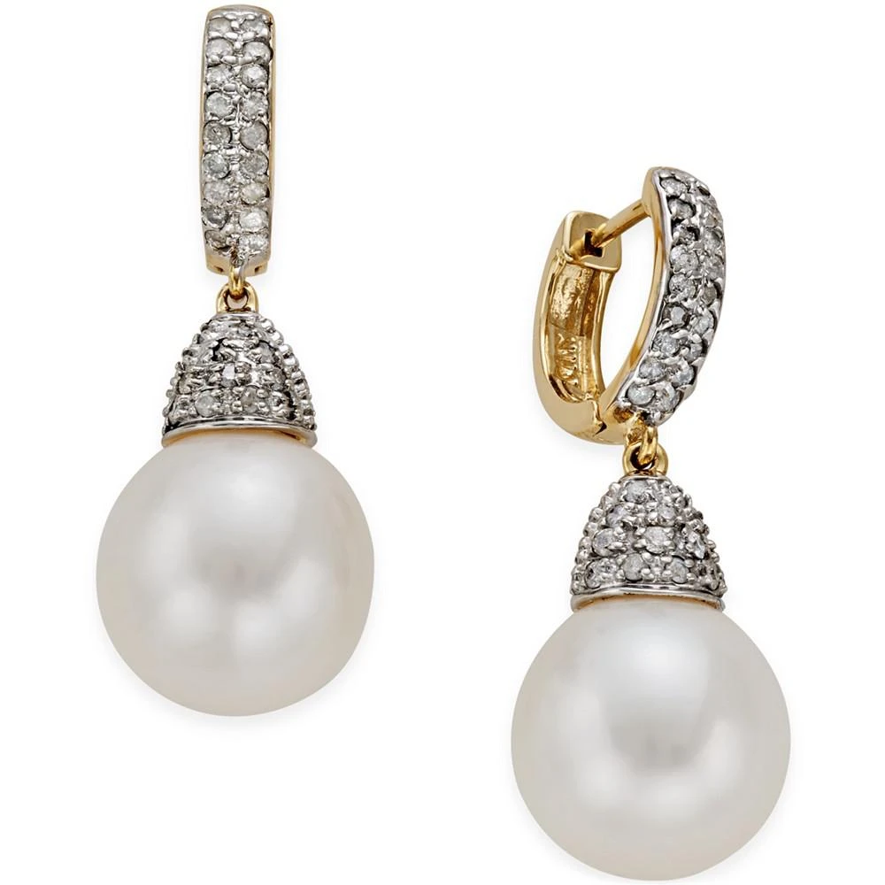 商品Macy's|Freshwater Pearl (11mm) and Diamond (3/4 ct. t.w.) Drop Earrings in 14k Gold,价格¥5333,第1张图片